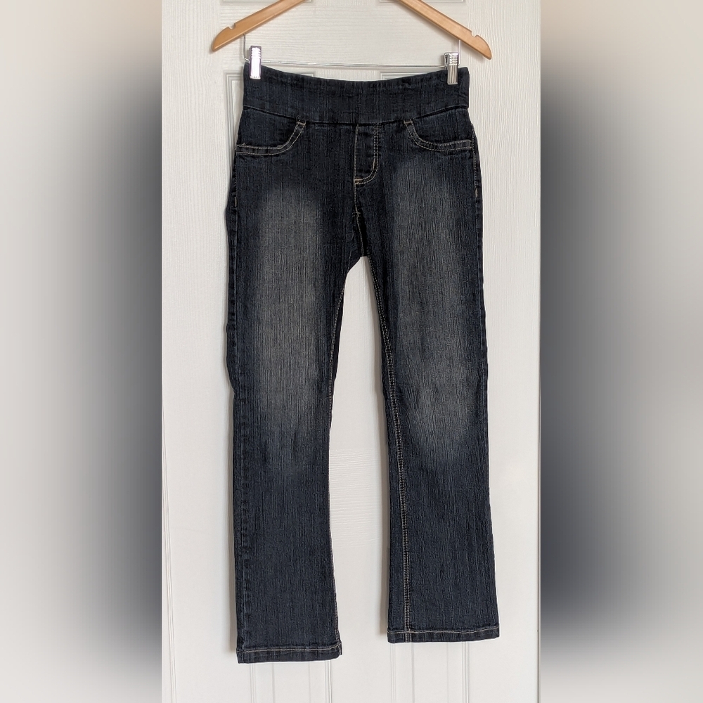Suko Women's (Size 8P) Blue Partially Distressed Boot Cut Elastic Waist Jeans - Picture 6 of 12